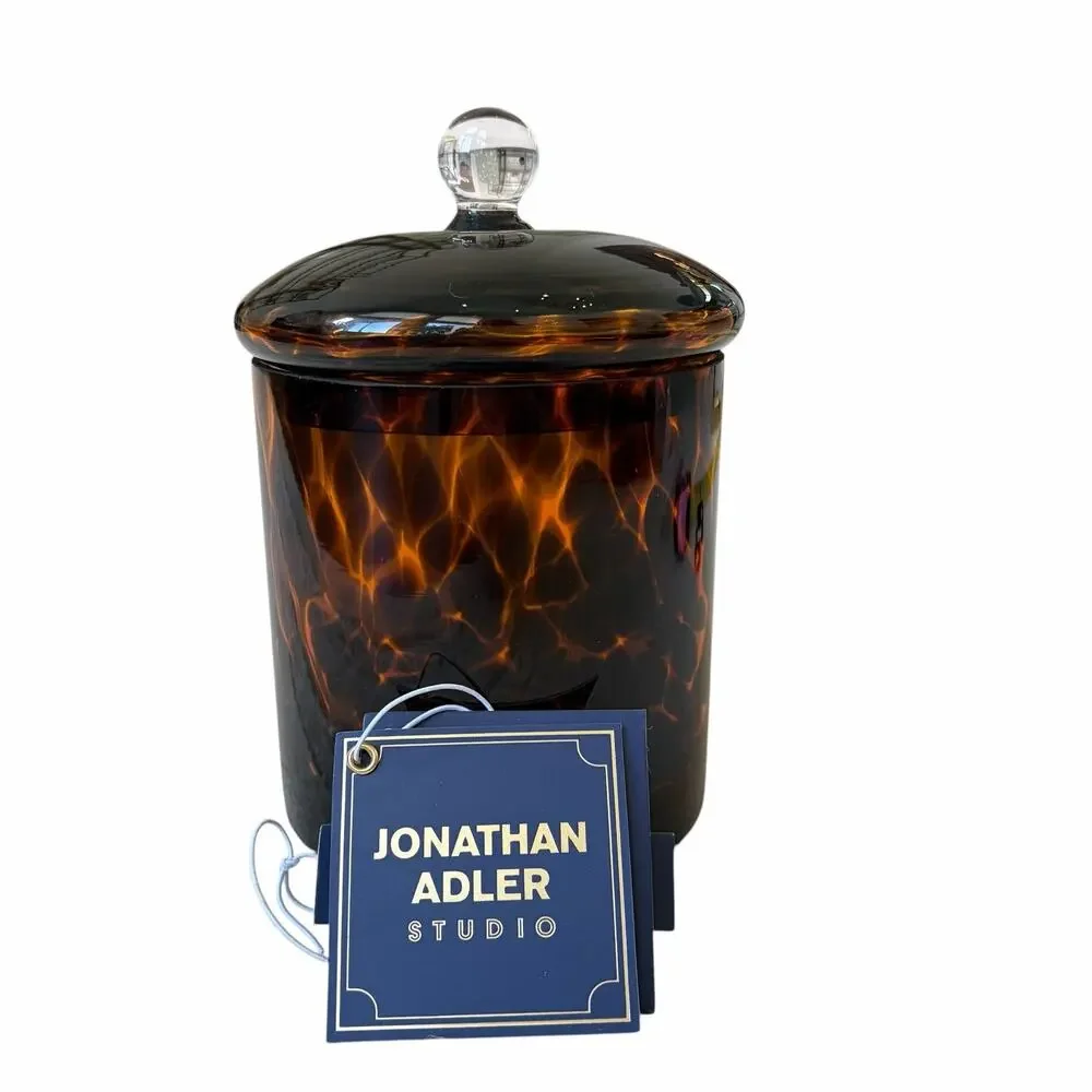 Jonathan Adler Brown Tortoise Shell Glass Canister Jar w/ Lid 7in Chic Decor NEW